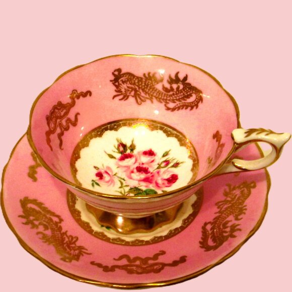 Vtg Royal Stafford bouquet of pink roses,rosebuds,greenery pedestal teacup set - Picture 8 of 12